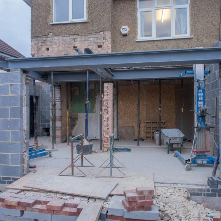 load bearing wall removal and steel installation during structural alteration in Poole property